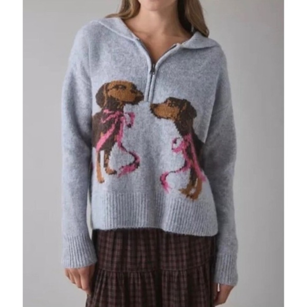 BDG Grey Puppy Dog Quarter Zip Sailor Collar Sweater